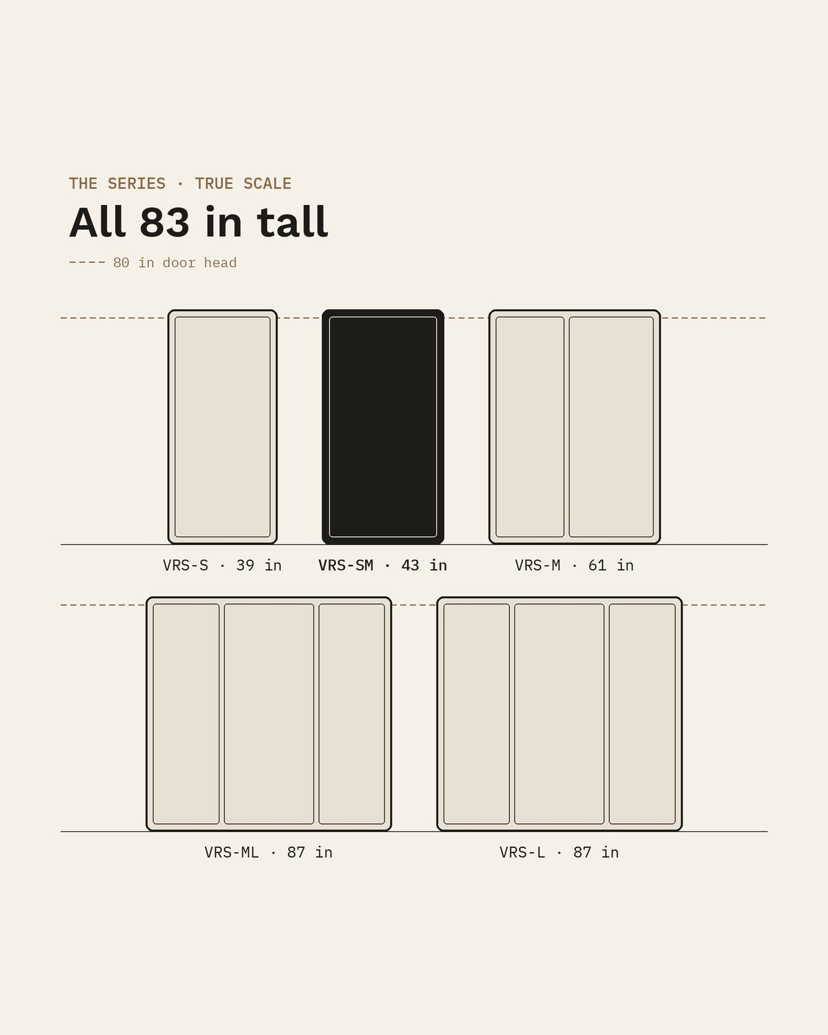 The five SoundBox VRS pods drawn to true scale, all 83 inches tall, with the VRS Single Comfort highlighted at 43 inches wide