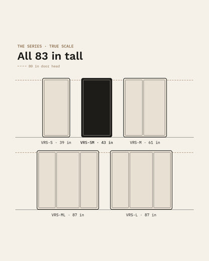 The five SoundBox VRS pods drawn to true scale, all 83 inches tall, with the VRS Single Comfort highlighted at 43 inches wide