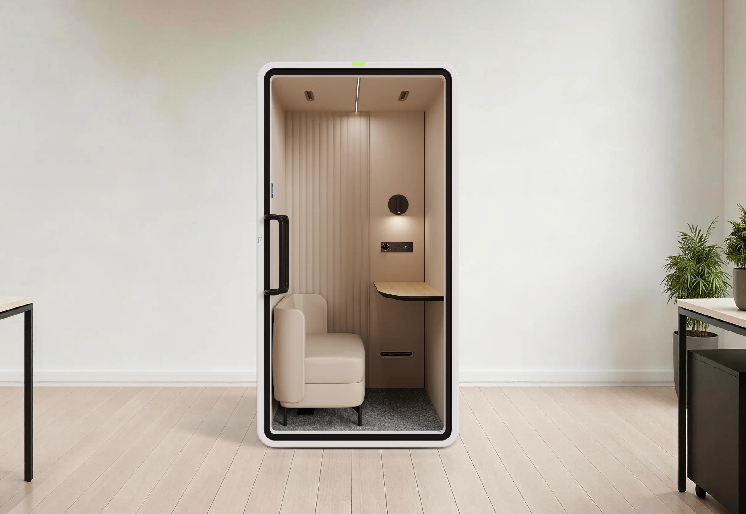 SoundBox VRS-SM pod with a task chair and desk