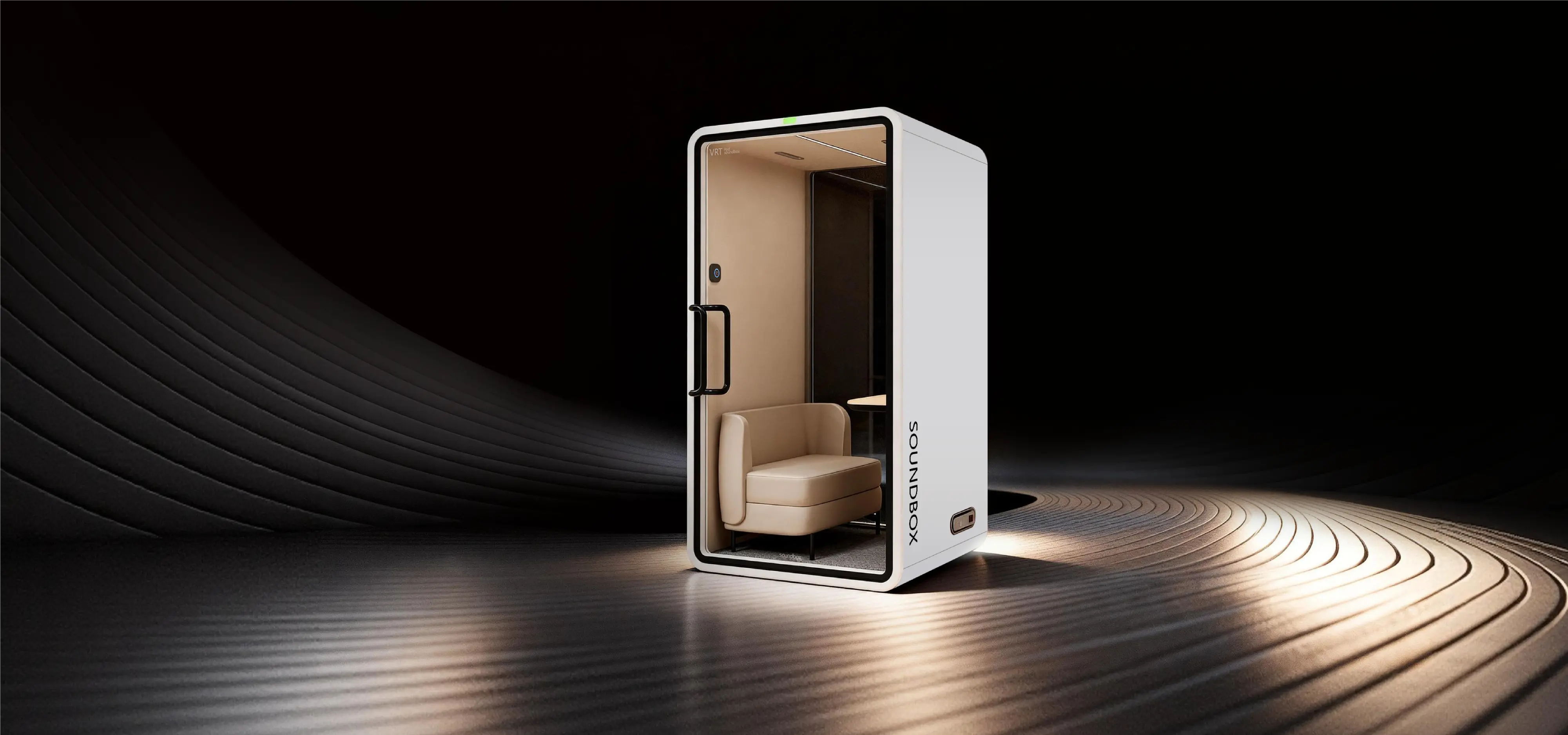 SoundBox VRS-SM pod lit against a dark studio backdrop