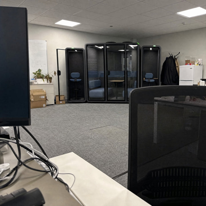 SoundBox VRS-L pod and two VRS-S booths in a shared office suite