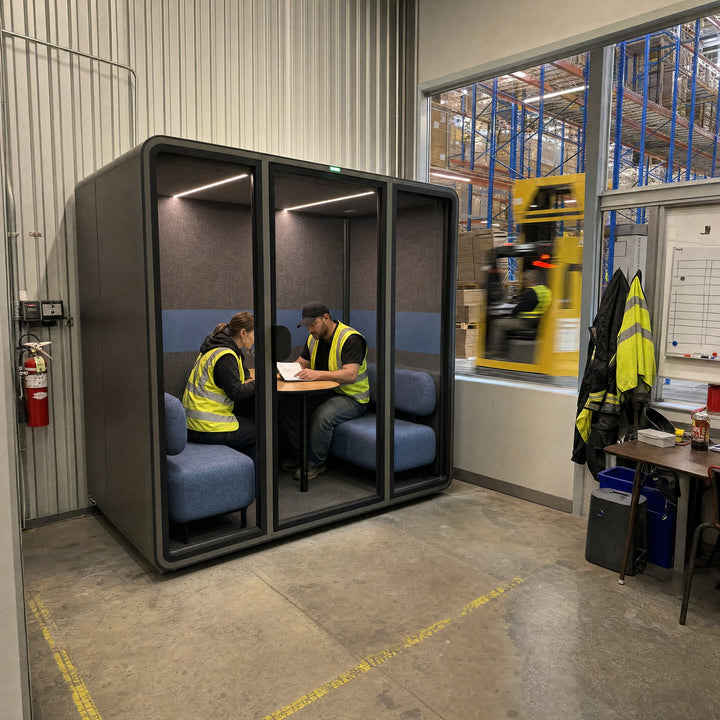 SoundBox VRS-L meeting pod in a warehouse mezzanine office