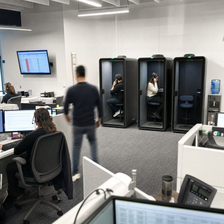 Three SoundBox VRS-S booths along a call centre wall