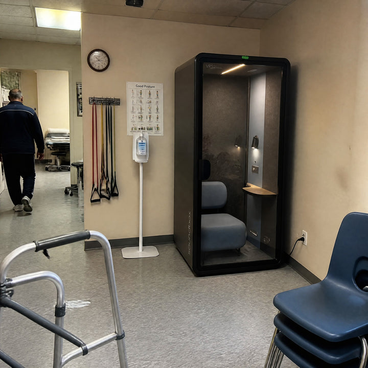 SoundBox VRS-SM booth in the back corridor of a physiotherapy clinic