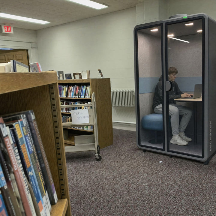 A student working inside a SoundBox VRS booth in a public library