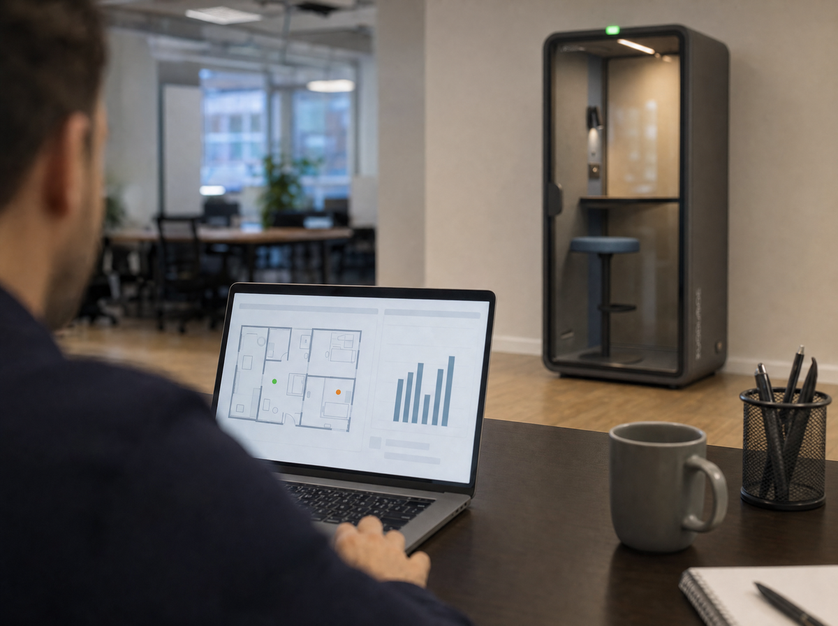 Facilities dashboard on a laptop with a SoundBox VRS pod in the office behind