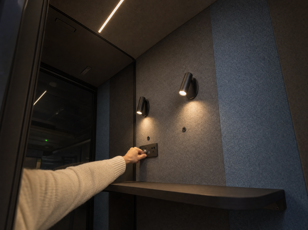 Adjustable reading light and ceiling light strip inside a SoundBox VRS pod