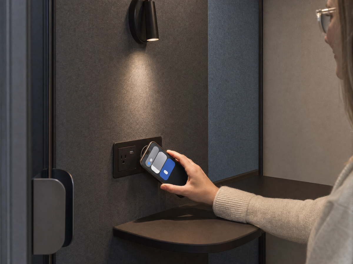 Phone tapped to the NFC pad inside a SoundBox VRS pod