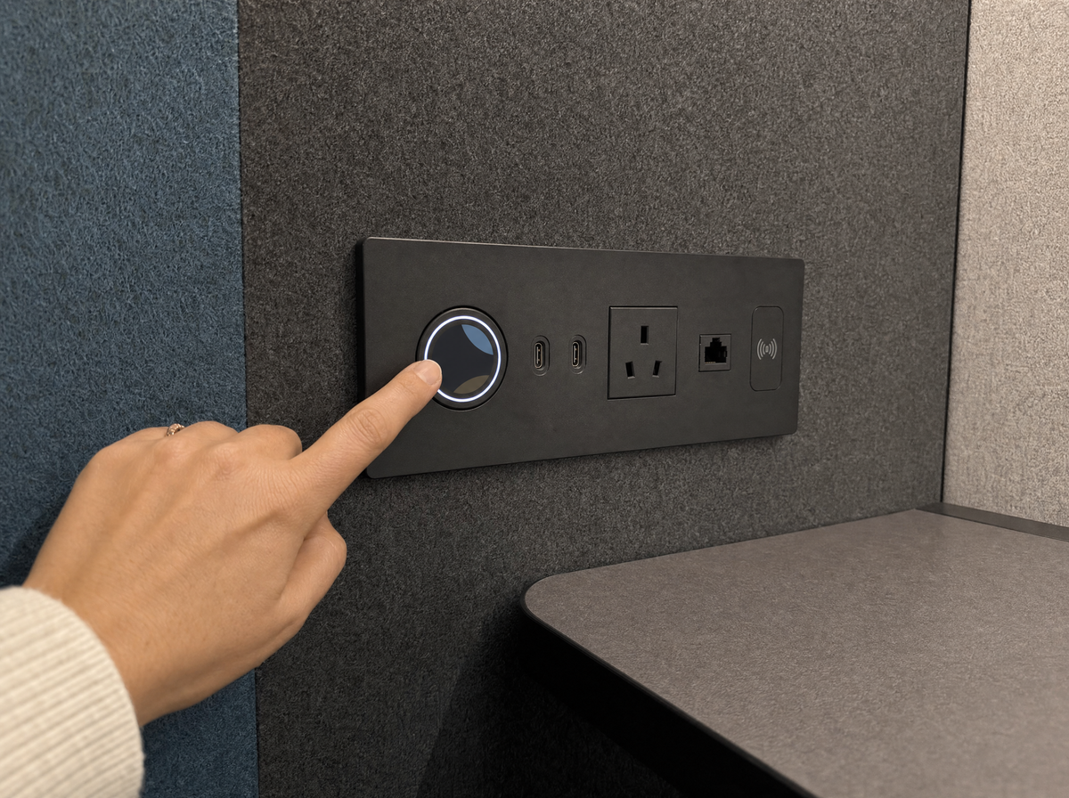 Close-up of the SoundBox VRS wall panel with status display, USB-C, power, Ethernet and NFC