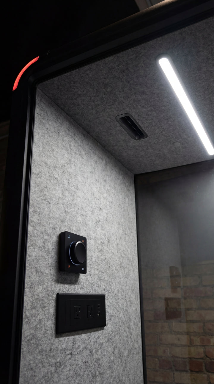 Inside: acoustic felt walls, lighting, and the glass front.