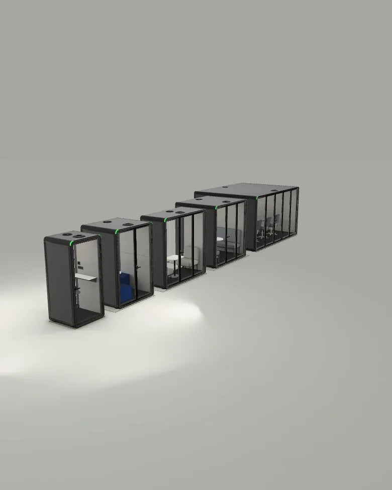 All five Quiet Cabins booths in a row at true size, from the Single to the Executive